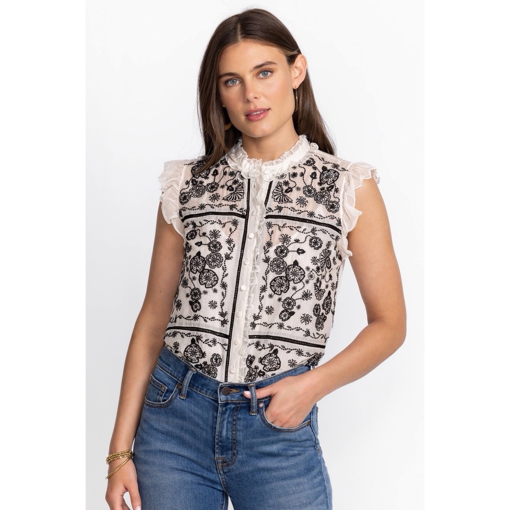 Johnny Was Mel Embroidered Blouse Black White XS Tank Ruffle